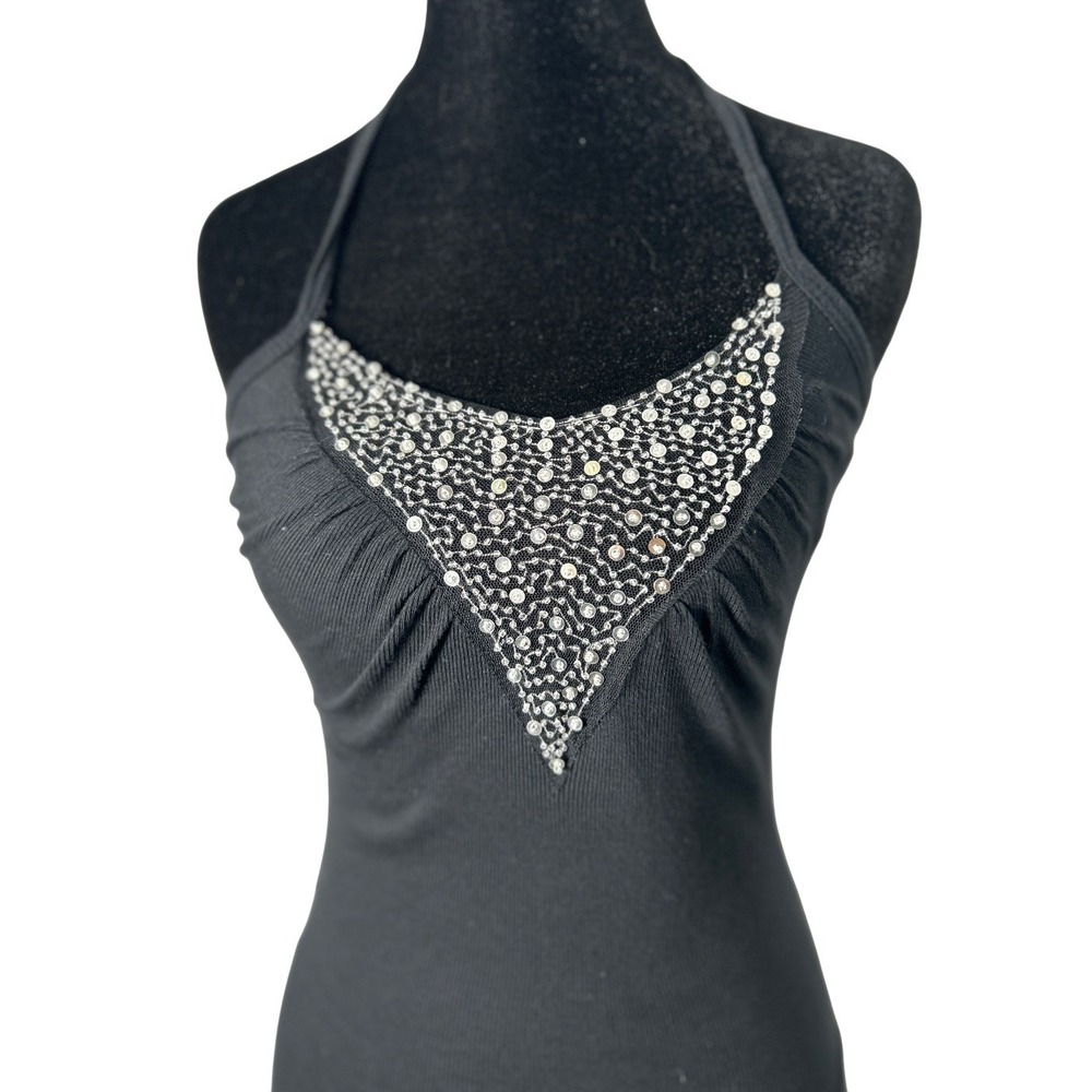 Banana Olive Y2K Black Rhinestone beaded Halter Top Medium Made in USA - Picture 2 of 5